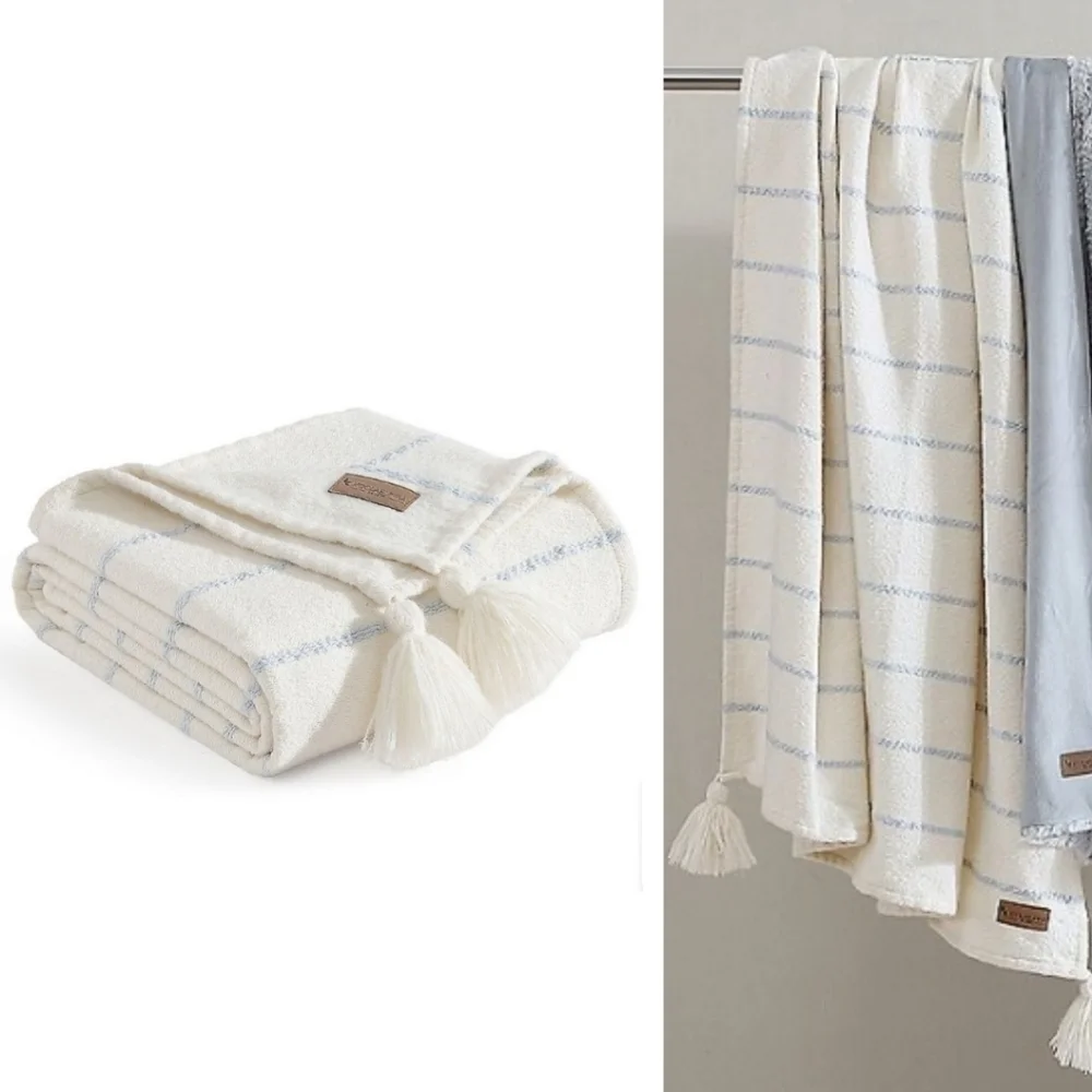 New! UGG Koolaburra Boucle Woven Tassel Cream Baby Blue Stripes Throw Blanket
